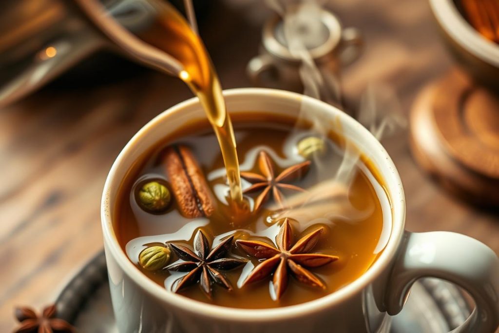 Chai-Tee mit Grünem Kardamom wird in eine Tasse gegossen Chai-Tee mit Grünem Kardamom wird in eine Tasse gegossen