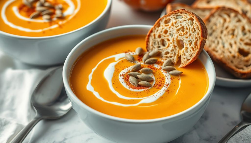 Cremige Kürbissuppe mit Garam Masala Gewürz garniert Cremige Kürbissuppe mit Garam Masala Gewürz garniert