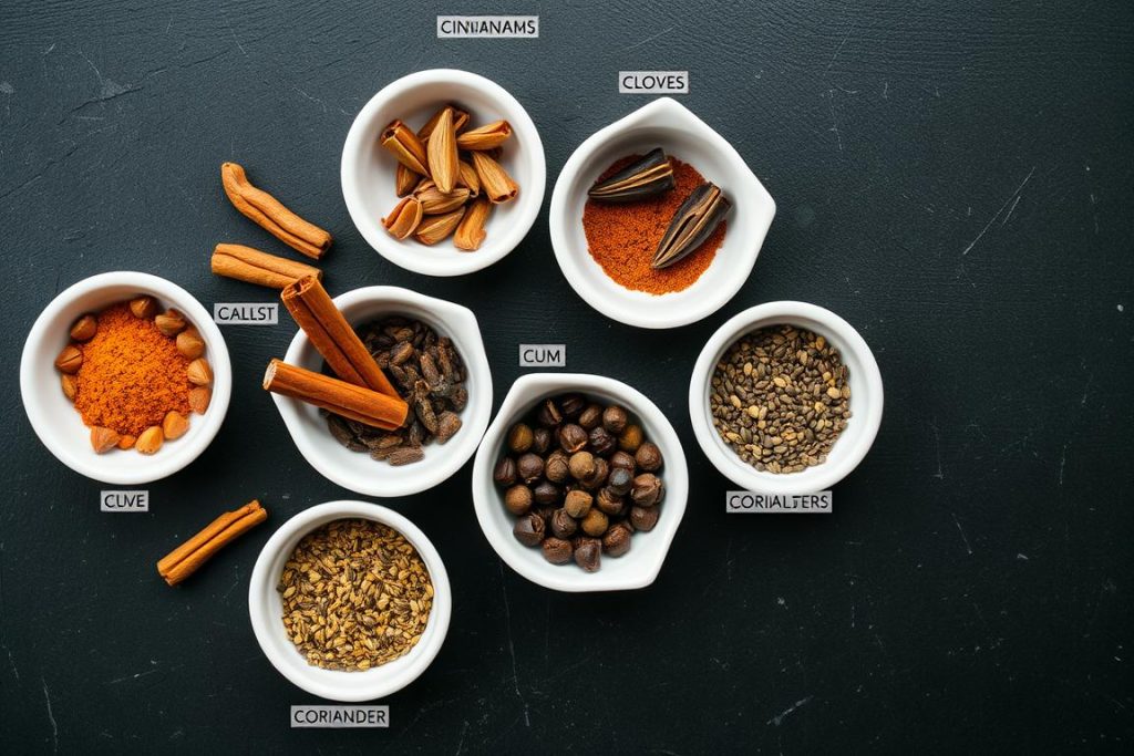 Einzelne Garam Masala Gewürz Komponenten in separaten Schälchen