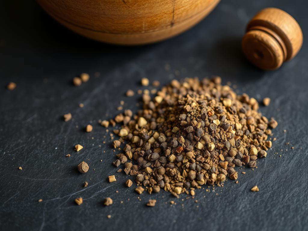 Frisch gemahlener Tellicherry Pfeffer auf einem dunklen Untergrund mit Holzmörser Frisch gemahlener Tellicherry Pfeffer auf einem dunklen Untergrund mit Holzmörser