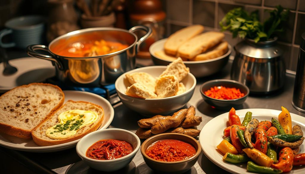 Gemütliche Küche mit verschiedenen Gerichten, die mit Harissa Gewürz zubereitet wurden Gemütliche Küche mit verschiedenen Gerichten, die mit Harissa Gewürz zubereitet wurden