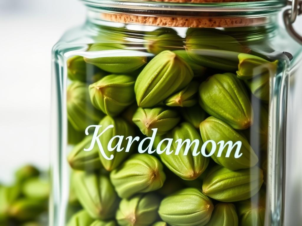 Grüner Kardamom in einer luftdichten Gewürzdose Grüner Kardamom in einer luftdichten Gewürzdose