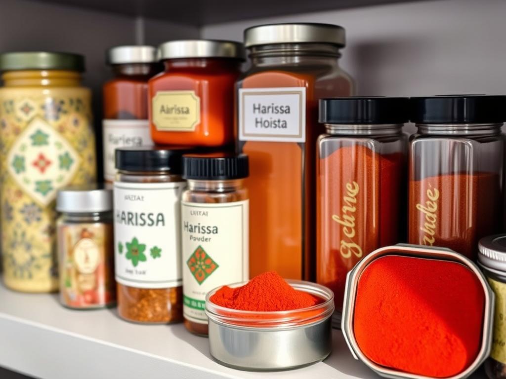 Harissa Gewürz in verschiedenen Aufbewahrungsbehältern: Gewürzgläser und luftdichte Dosen Harissa Gewürz in verschiedenen Aufbewahrungsbehältern: Gewürzgläser und luftdichte Dosen