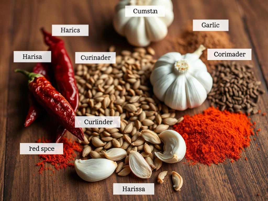 Nahaufnahme der einzelnen Zutaten des Harissa Gewürz: Chilischoten, Kreuzkümmel, Koriander und Knoblauch Nahaufnahme der einzelnen Zutaten des Harissa Gewürz: Chilischoten, Kreuzkümmel, Koriander und Knoblauch