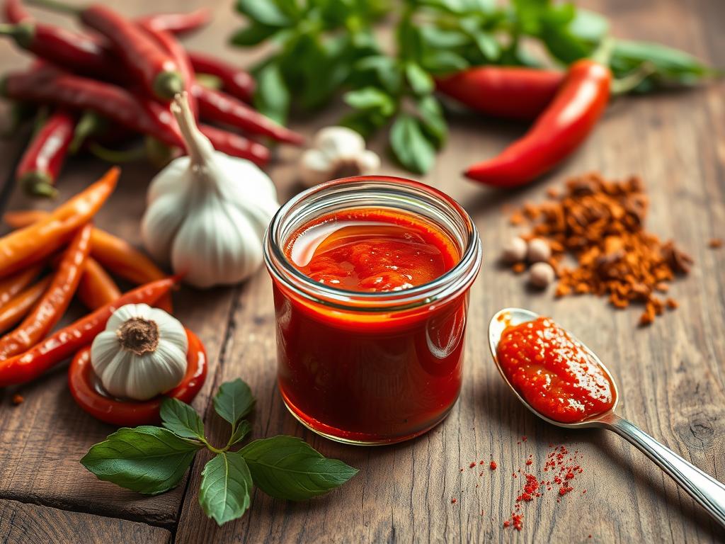 Selbstgemachte Harissa Gewürz-Paste in einem kleinen Glas mit Olivenöl bedeckt Selbstgemachte Harissa Gewürz-Paste in einem kleinen Glas mit Olivenöl bedeckt