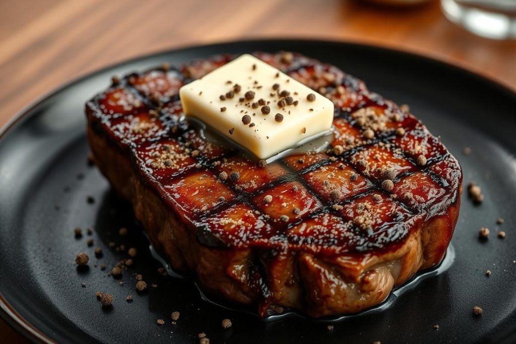 Tellicherry Pfeffer auf einem perfekt gegrillten Steak mit Kräuterbutter Tellicherry Pfeffer auf einem perfekt gegrillten Steak mit Kräuterbutter