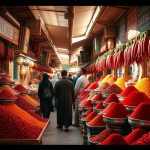 Traditioneller Markt in Tunesien mit bunten Gewürzständen, die Harissa Gewürz anbieten