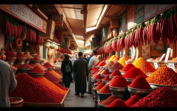 Traditioneller Markt in Tunesien mit bunten Gewürzständen, die Harissa Gewürz anbieten