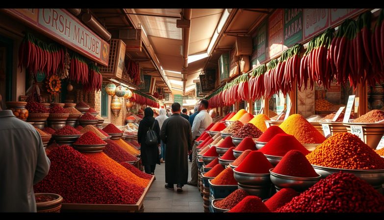 Traditioneller Markt in Tunesien mit bunten Gewürzständen, die Harissa Gewürz anbieten