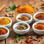 Verschiedene Garam Masala Gewürz Variationen in kleinen Schälchen mit Gewürzen wie Zimt, Kardamom und Nelken daneben