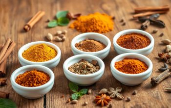 Verschiedene Garam Masala Gewürz Variationen in kleinen Schälchen mit Gewürzen wie Zimt, Kardamom und Nelken daneben
