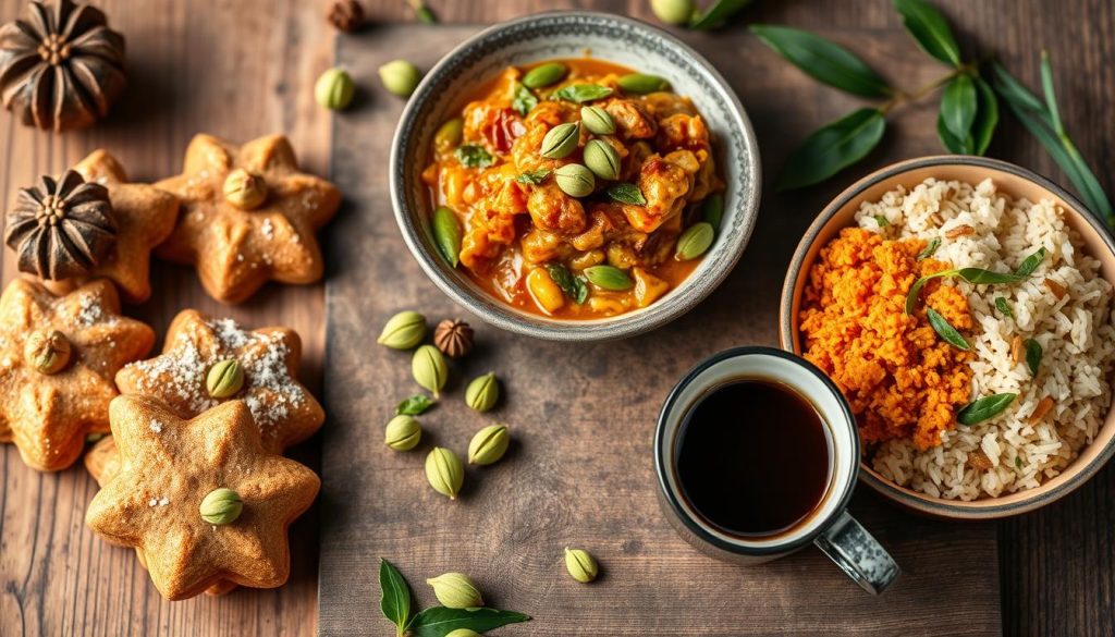 Verschiedene Gerichte mit Grünem Kardamom: Weihnachtsgebäck, Curry und Kaffee Verschiedene Gerichte mit Grünem Kardamom: Weihnachtsgebäck, Curry und Kaffee