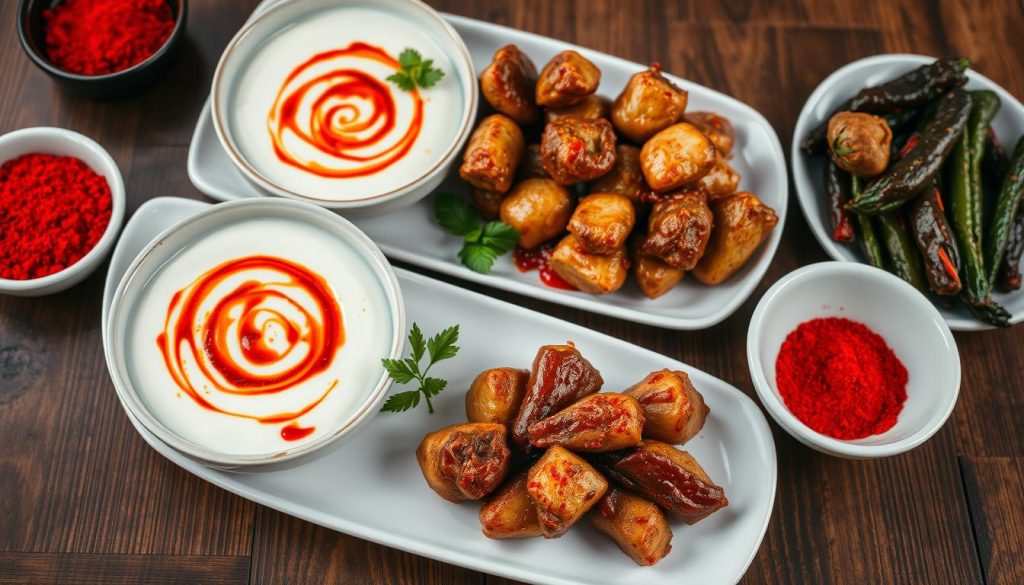 Verschiedene Gerichte mit Harissa Gewürz: Joghurt-Dip, mariniertes Fleisch und gewürztes Gemüse Verschiedene Gerichte mit Harissa Gewürz: Joghurt-Dip, mariniertes Fleisch und gewürztes Gemüse