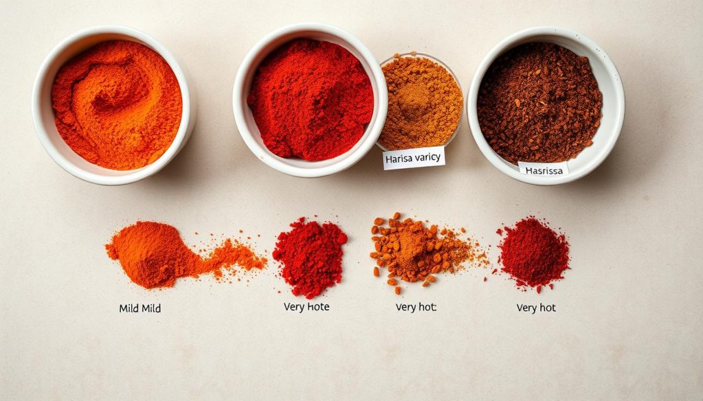 Verschiedene Harissa Gewürz-Varianten nebeneinander: von mild bis sehr scharf Verschiedene Harissa Gewürz-Varianten nebeneinander: von mild bis sehr scharf