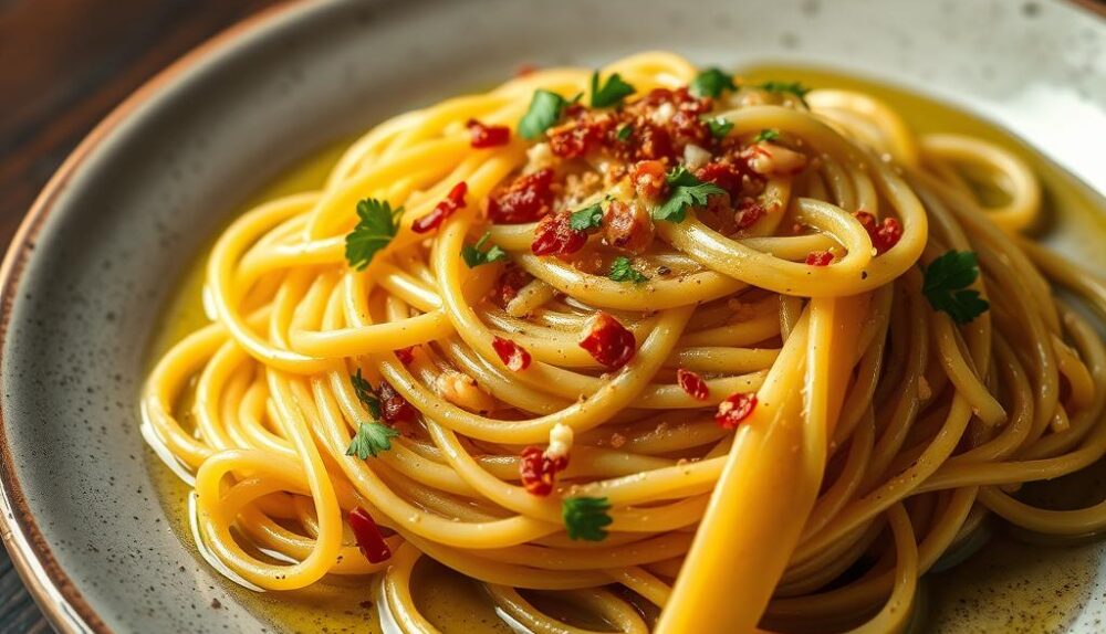 Authentische Spaghetti Aglio e Olio mit goldbraun geröstetem Knoblauch und frischer Petersilie auf einem rustikalen Teller