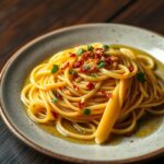 Authentische Spaghetti Aglio e Olio mit goldbraun geröstetem Knoblauch und frischer Petersilie auf einem rustikalen Teller