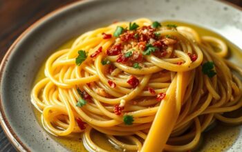 Authentische Spaghetti Aglio e Olio mit goldbraun geröstetem Knoblauch und frischer Petersilie auf einem rustikalen Teller