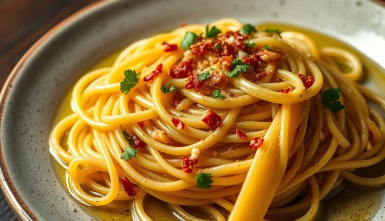 Authentische Spaghetti Aglio e Olio mit goldbraun geröstetem Knoblauch und frischer Petersilie auf einem rustikalen Teller
