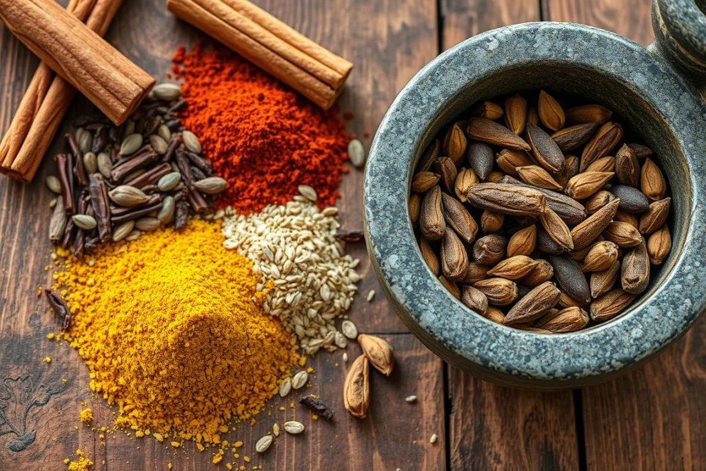Selbstgemachtes Garam Masala mit Schwarzem Kardamom als Hauptzutat Selbstgemachtes Garam Masala mit Schwarzem Kardamom als Hauptzutat