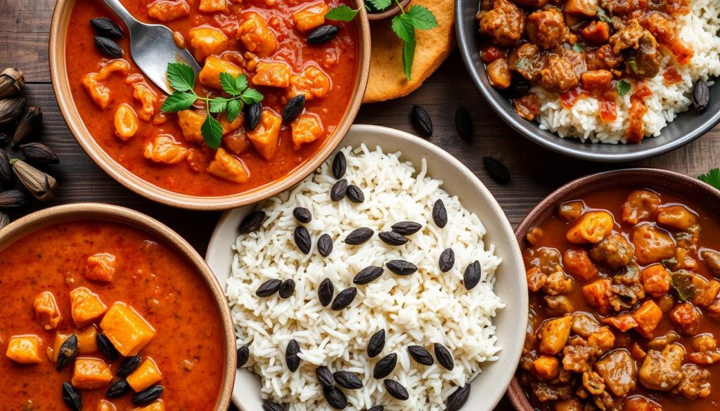 Verschiedene Gerichte mit Schwarzem Kardamom wie Curry, Reisgerichte und Eintöpfe Verschiedene Gerichte mit Schwarzem Kardamom wie Curry, Reisgerichte und Eintöpfe